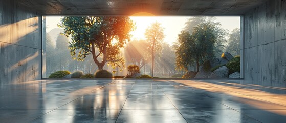 A 3D rendering of an architecture background with a concrete floor and car advertising.