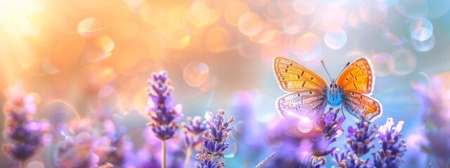 Sunny summer nature background with fly butterfly and lavender flowers  with sunlight and bokeh. Outdoor nature banner