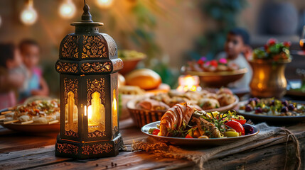 Fototapeta na wymiar The image is of an Iftar table set with a plate of delicious food ready to eat. The table is indoors and includes a candle, bottle, and various dishes.