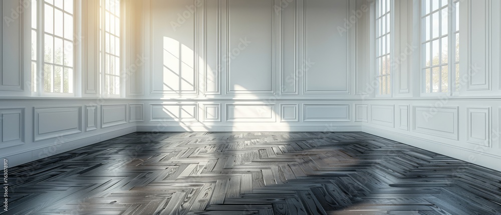Poster a shadow is cast by the sun on a white empty room and a dark laminate wood floor, a classic design s