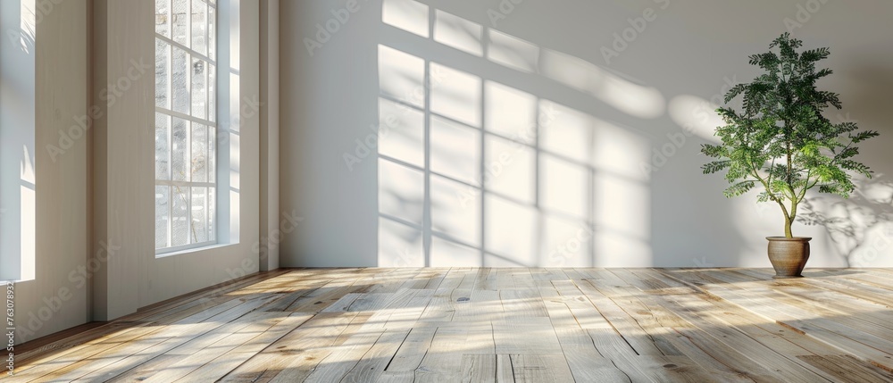 Poster three-dimensional rendering of a white empty room with a wood laminate floor, illuminating the wall 