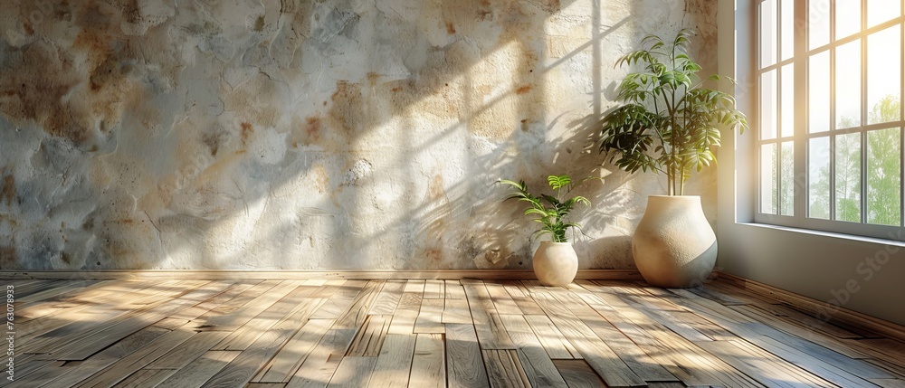 Aufkleber 3D rendering of an empty room with laminate flooring and a shadow cast by the sun on the wall. A minimalist interior design perspective.