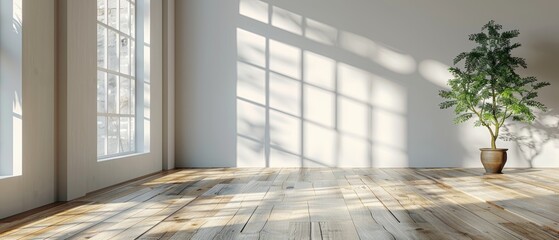 Three-dimensional rendering of a white empty room with a wood laminate floor, illuminating the wall with shadows.