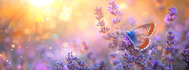 Sunny summer nature background with fly butterfly and lavender flowers  with sunlight and bokeh. Outdoor nature banner