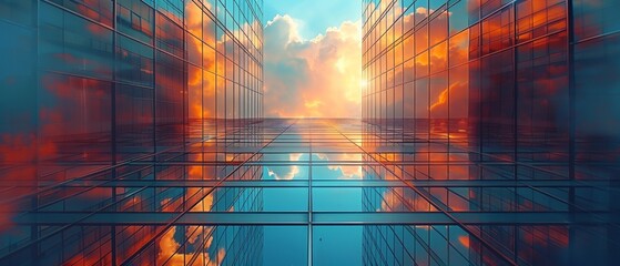 Skyscraper office building with cloud reflected on glass window, low angle view.