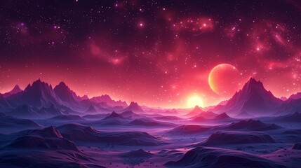 An alien planet deserted landscape with mountains, rocks, and a deep cleft is accompanied by stars illustrating an extraterrestrial computer game backdrop. - obrazy, fototapety, plakaty