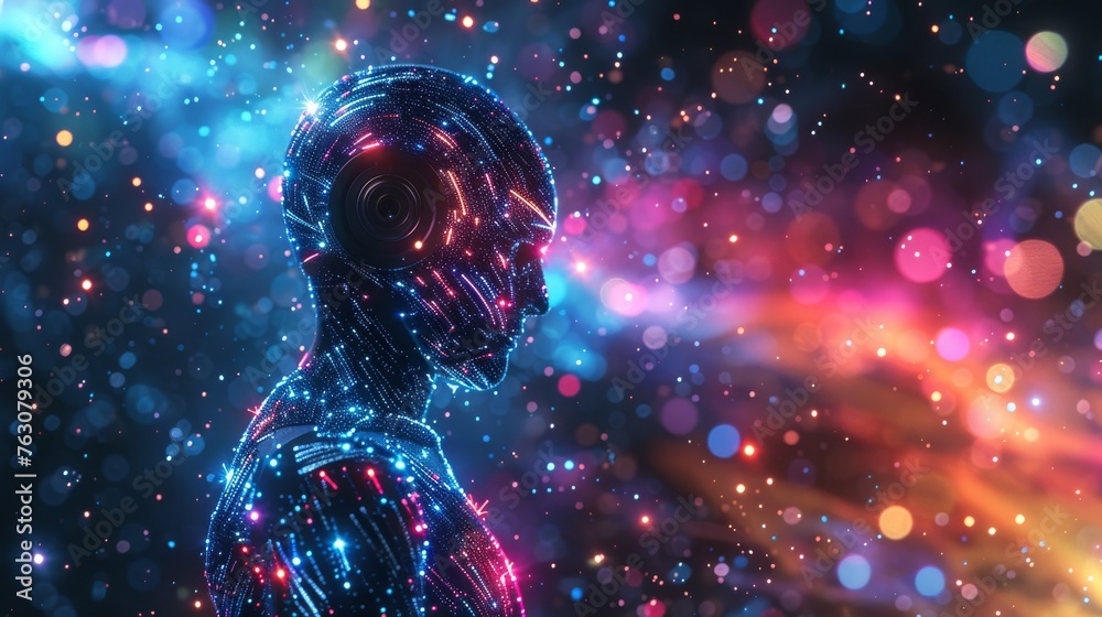 Poster In the field of smart robot AI, a male uses the website or software technology AI to help and support chatbots, chat AI, generate images, write code, and analyze data.