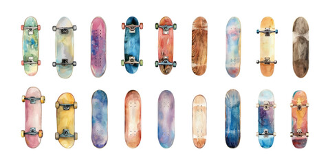 Set of watercolor skateboards on white background. - obrazy, fototapety, plakaty