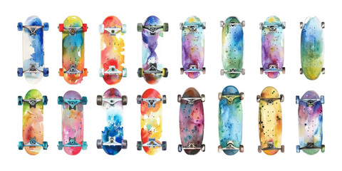Set of watercolor skateboards on white background.