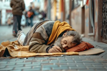 Homeless man sleeping in the street. Homelessness and poverty concept.