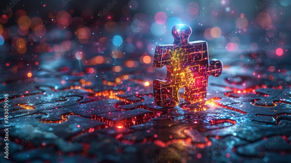 Poster the puzzle is a digital futuristic concept, with a piece highlighted in a dark night background. mod