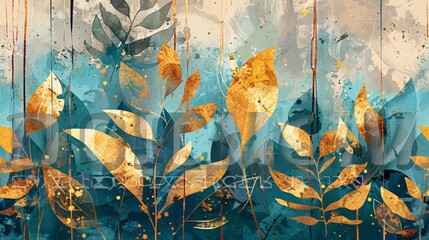 Illustration of modern abstract art, watercolor floral illustration. Golden elements, watercolor painting, textured background. Hand drawn plants, tropical flowers, leaves. Wall murals, posters,