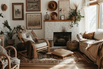 Bohemian sanctuary featuring a gallery wall of nature-inspired prints, rattan furniture, and a cozy fireplace.