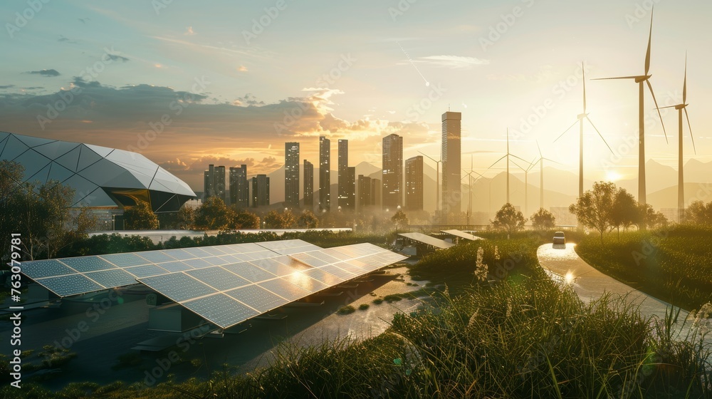 Aufkleber an abstract design showing a sustainable energy solution in a sunset background. the scene includes 