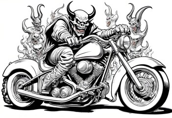a bright colored cartoon of an evil devil riding a fictional unbranded motorcycle. motorcycle gang logo. Suitable for a t-shirt design.