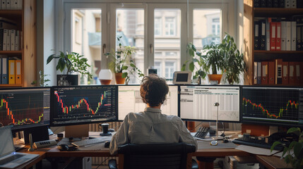 Against the backdrop of a bright and comfortable office space, a man sits amidst a cluster of computers, his attention fully captivated by the stock price chart or crypto market di - obrazy, fototapety, plakaty