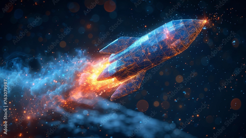 Poster An abstract blue hand with a rocket launch. Low poly style design. Thank you winter concept. Graphic background in 3D design. Wireframe connection structure. Isolated modern illustration.