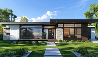 Modern house design with stone exterior and green grass, front view, perspective rendering, clear sky