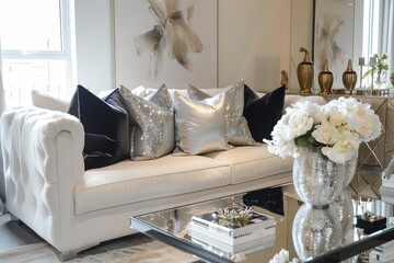 Boho glam with metallic accents, plush velvet upholstery, and a mirrored coffee table.