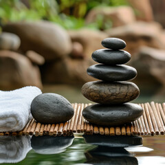 Fototapeta na wymiar Spa Natural Alternative Therapy With Massage Stones And bamboo