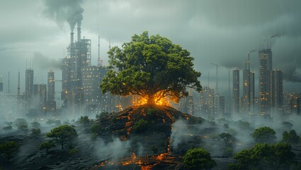 A visual metaphor of nature fighting back against PM 25 pollution, with tech elements representing...