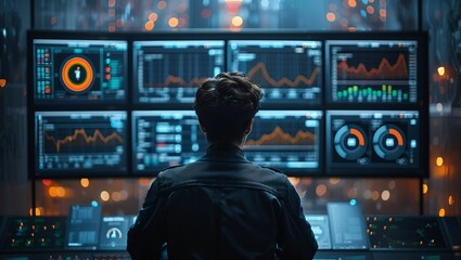 A visualization of data analytics on PM 25, with screens displaying graphs and stats in a tech command center
