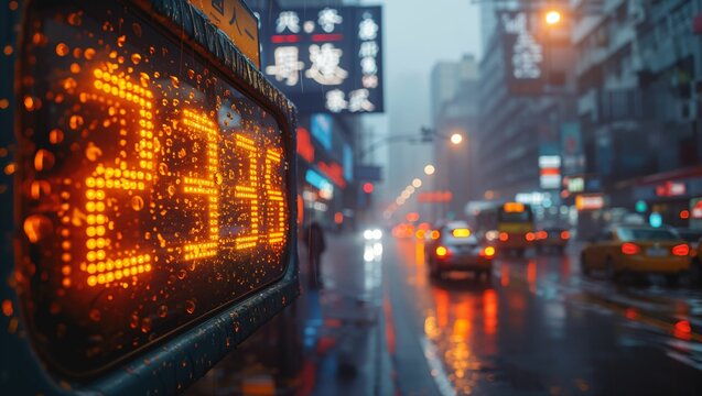 Close-up of a digital display showing rising PM 25 levels, in a high-tech, polluted urban environment