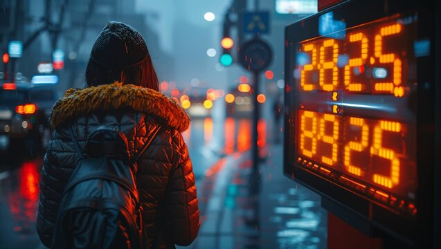 Close-up of a digital display showing rising PM 25 levels, in a high-tech, polluted urban environment
