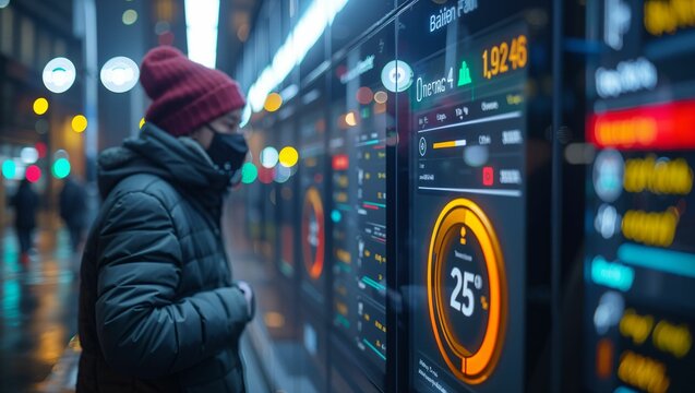 Close-up of a digital display showing rising PM 25 levels, in a high-tech, polluted urban environment