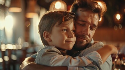 An embracing father embraces his son during a restaurant party