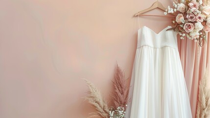 Wedding dress and bridal bouquet in boho style on neutral pastel background, copy space