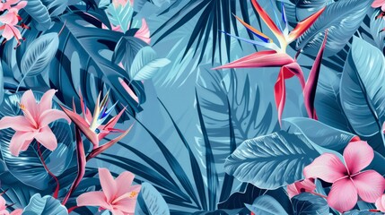 Tropical plants seamless pattern - obrazy, fototapety, plakaty