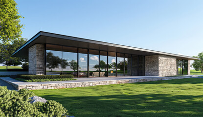 Modern house design with stone exterior and green grass, front view, perspective rendering, clear sky