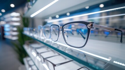 Fototapeta premium A display of eyeglasses on a shelf. Modern optical shop background, Glasses assortment display