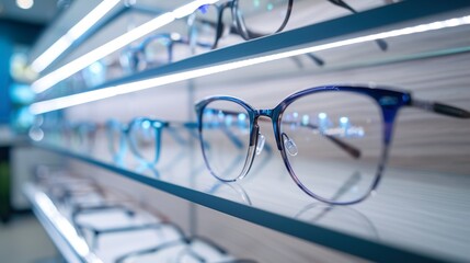 A row of eyeglasses on a shelf, with the top shelf being the most visible. Modern optical shop background, Glasses assortment display
