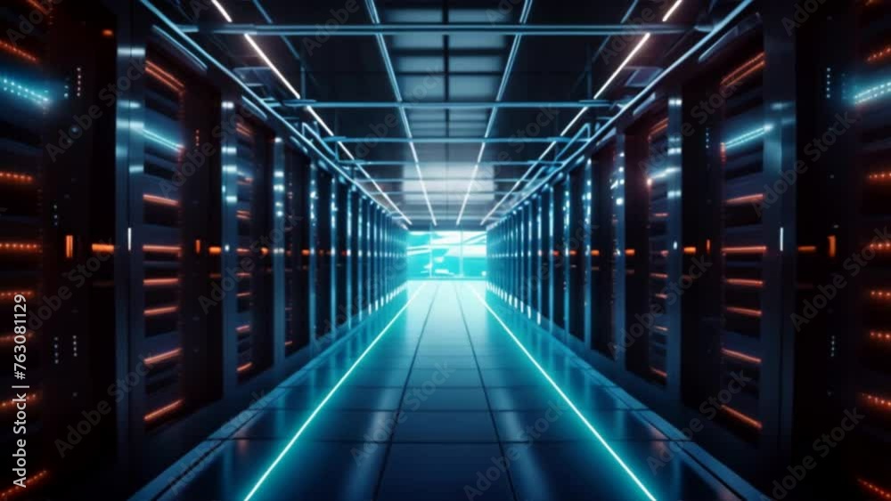Poster corridor in working data center full of rack servers and supercomputers with internet connection