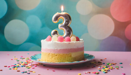 Small birthday cake with burning candle, number three. 3 years old. Third anniversary. Tasty festive dessert.