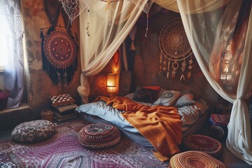 Dreamy atmosphere with a canopy bed draped in gauzy fabric, Moroccan poufs, and dreamcatchers.