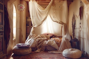 Dreamy atmosphere with a canopy bed draped in gauzy fabric, Moroccan poufs, and dreamcatchers. - obrazy, fototapety, plakaty