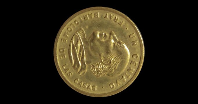 Reverse of Guatemala coin 1 centavo 1995, isolated in black background. Seamless animation in 4k resolution video.