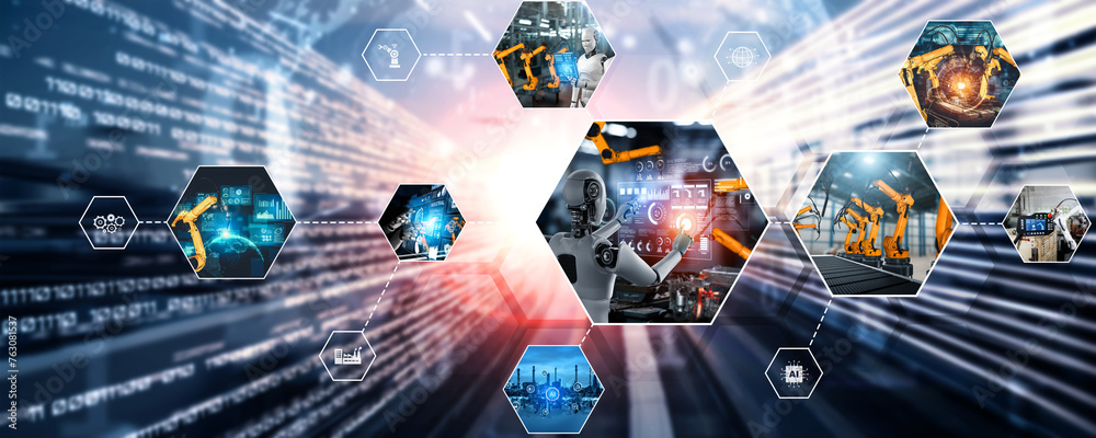 Poster automated ai industry robot and robotic arms assembly in factory production. concept of artificial i