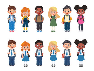 Diverse set of children with backpacks in school uniform and casual clothes. Cute cartoon simple flat vector style. Back to school illustration.