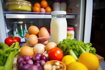 Point of view shot of an open refrigerator stocked with vibrant groceries in clear containers. Open Fridge Filled with Fresh Groceries POV