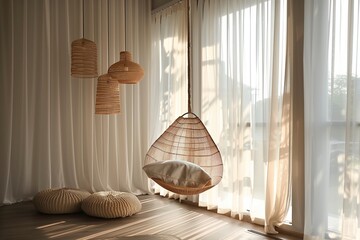 Natural light flooding through sheer curtains, highlighting a hanging swing chair and woven pendant lights. - obrazy, fototapety, plakaty