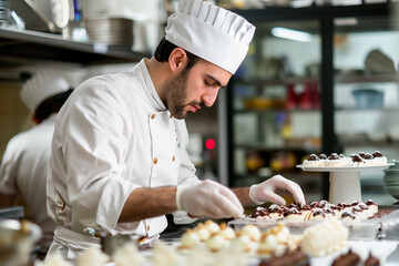 Pastry cook, copy space of a male chef making chocolate bonbons in an industrial kitchen - obrazy, fototapety, plakaty