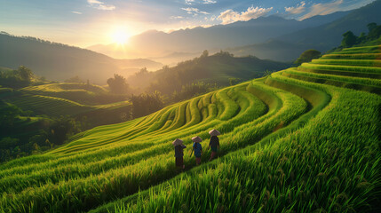The Farmer planting on the organic paddy rice farmland. Farmers grow rice in the rainy season. They were soaked with water and mud to be prepared for planting. Rice is ripe on terraced fields. Sunrise - obrazy, fototapety, plakaty