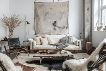 Nordic-inspired boho chic with a sheepskin rug, Scandinavian furniture, and minimalist wall art.