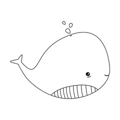 cute hand drawn black and white cartoon character whale vector illustration isolated on white background for coloring art
