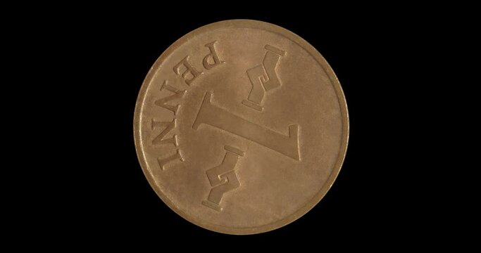 Reverse of Finland coin 1 penni 1966, isolated in black background. Seamless animation in 4k resolution video.