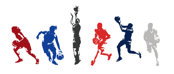 Basketball, group of men and women playing basketball, set of isolated vector silhouettes - obrazy, fototapety, plakaty